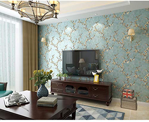 Blooming Wall Vintage Flower Trees Birds Wallpaper for Livingroom Bedroom Kitchen,57 Square Ft/Roll (Blue Plum Blossom)