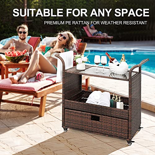 DICATTE Outdoor Patio Wicker Rattan Serving Bar Cart,Patio Wine Serving Cart w/Wheels & Removable Ice Bucket, for Porch Backyard Garden Poolside Party,Brown Gradient