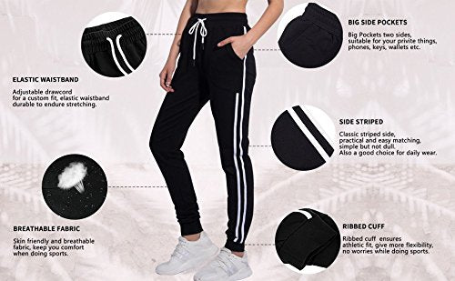 PULI Women's Sports Gym Running Athletic Workout Leggings Jogger Sweatpants with Pockets(Black,S)