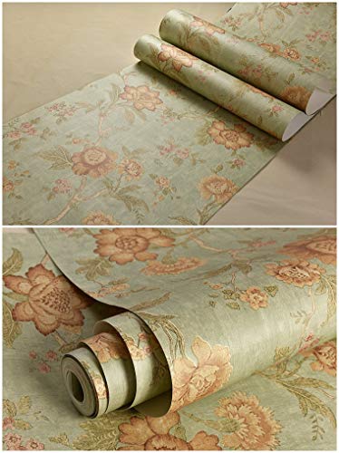 Blooming Wall Vintage Green Floral Wallpaper Wall Mural for Livingroom Bedroom Kitchen Bathroom, 20.8 In32.8 Ft=57 Sq.ft,Multicolor (K2-A8)