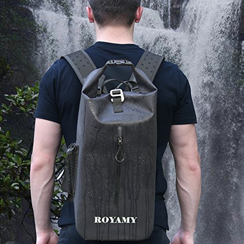 ROYAMY 25L Waterproof Dry Bag Backpack - 600D TPU Fabrics with Removable 15’Laptop Sleeve- Padded and Breathable Back for Travel, Hiking, Camping, Cycling, Climbing and Outdoor Activities (Black)