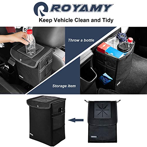 ROYAMY Car Trash Can with Lid,Car Trash Bag Hanging with Storage Pockets-Collapsible and Portable Car Garbage Can-100% Leak-Proof Vinyl Inside Lining (2.65 gal)