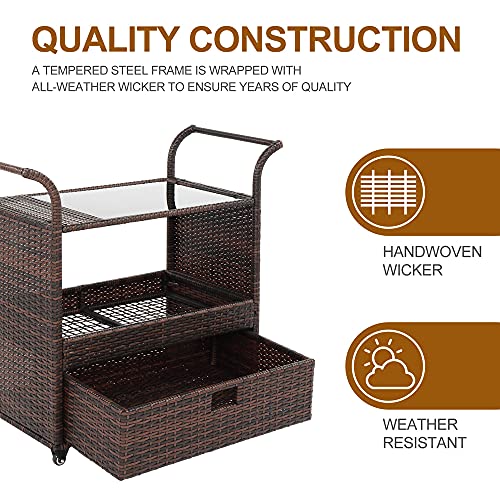DICATTE Outdoor Patio Wicker Rattan Serving Bar Cart,Patio Wine Serving Cart w/Wheels & Removable Ice Bucket, for Porch Backyard Garden Poolside Party,Brown Gradient