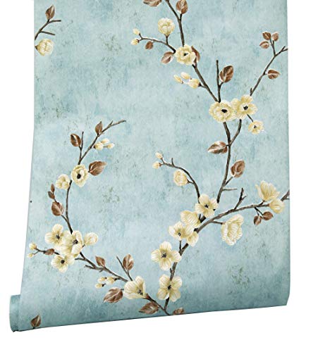 Blooming Wall Vintage Flower Trees Birds Wallpaper for Livingroom Bedroom Kitchen,57 Square Ft/Roll (Blue Plum Blossom)