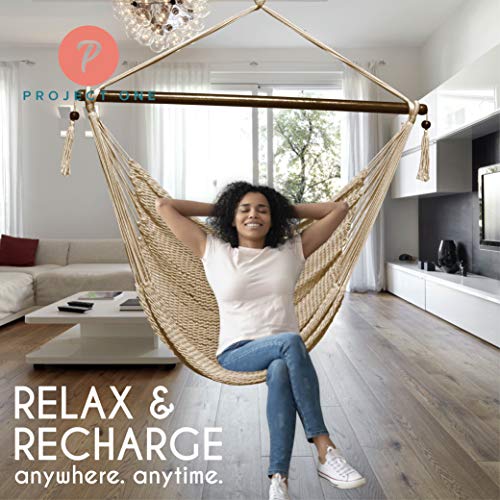 Project One Caribbean Double Hanging Hammock Chair with Soft-Spun Polyester Rope, Max 330 LBS, with Full Hanging Kit Great for Indoor, Outdoor, Home, Patio, Yard, Garden 48 Inch (Tan)
