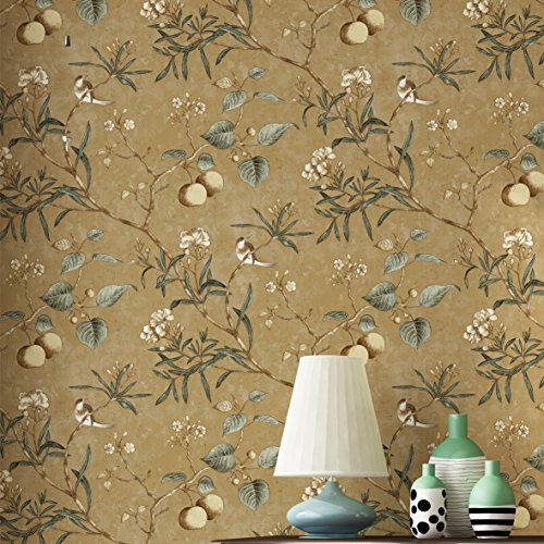 Blooming Wall Vintage Flower Trees Birds Wallpaper for Livingroom Bedroom Kitchen,57 Square Ft/Roll (Yellow Multi)