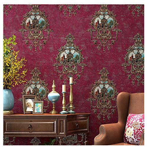 Blooming Wall Vintage Textured Damasks Castle Scenery Wallpaper Wallcoverings in Liivingroom Bedroom Kitchen Wall Mural, 57 Square Ft/Roll(Red(Flower))