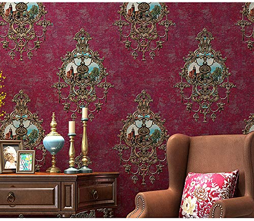 Blooming Wall Vintage Textured Damasks Castle Scenery Wallpaper Wallcoverings in Liivingroom Bedroom Kitchen Wall Mural, 57 Square Ft/Roll(Red(Flower))